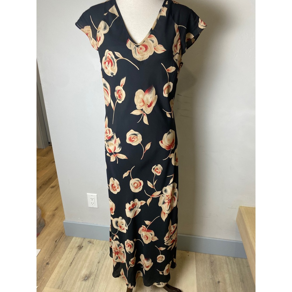 David Benjamin Vintage 90s Bias Cut Floral Maxi Dress Black Red V-Neck Size 10
